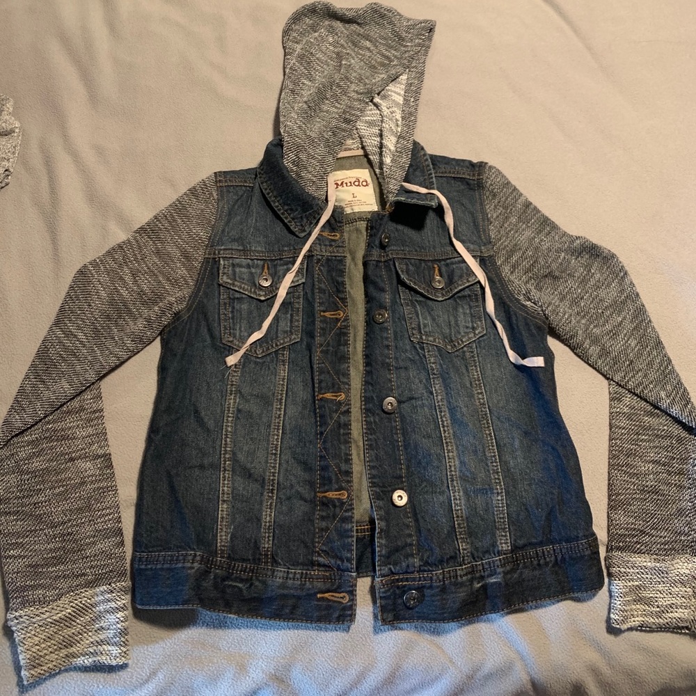 Dark Wash Jean Jacket with Black and White Sweater